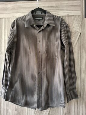 Beverly Hills Polo Club Brown and White Striped Men's Dress Shirt